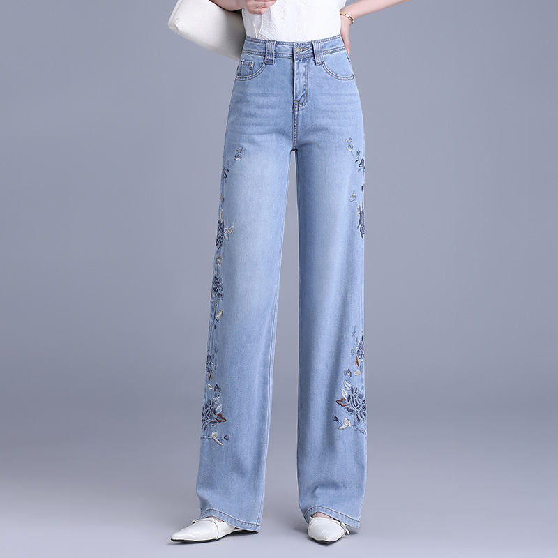 花柄ファッション 花刺繍デザインワイドデニムパンツ