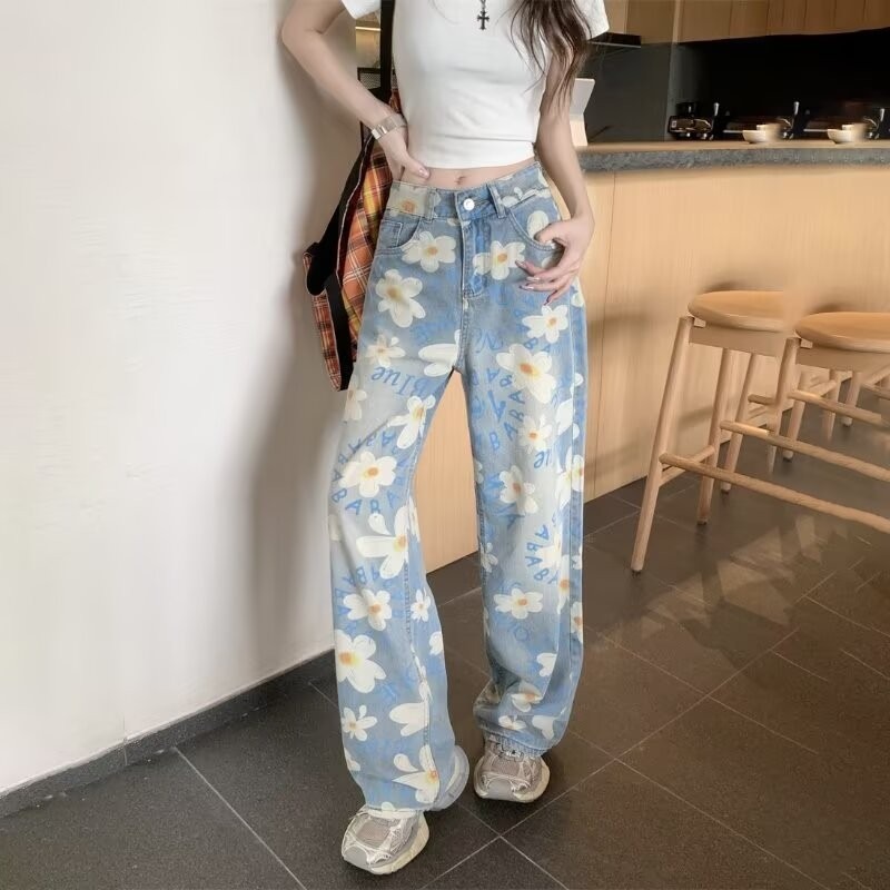 花柄ファッション 大輪デイジー柄ゆったりストレートデニムパンツ