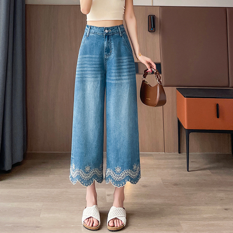 花柄ファッション 裾刺繍スカラップデニムワイドパンツ