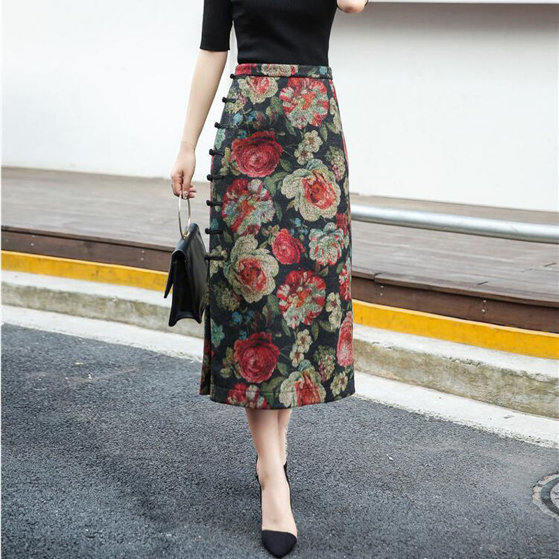 花柄ファッション 高級感薔薇柄ロングタイトスカート