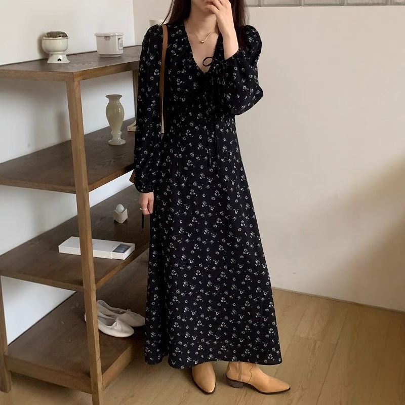 花柄ファッション 小花柄長袖Vネックマキシワンピース