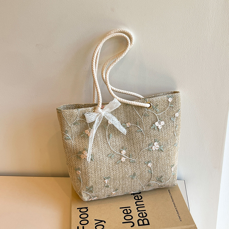 花柄ファッション 刺繍フラワーヘリンボーン柄ロープハンドルトートバッグ