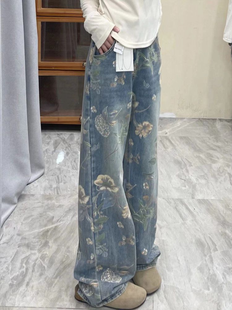 花柄ファッション ヴィンテージ風花柄プリントワイドデニムパンツ