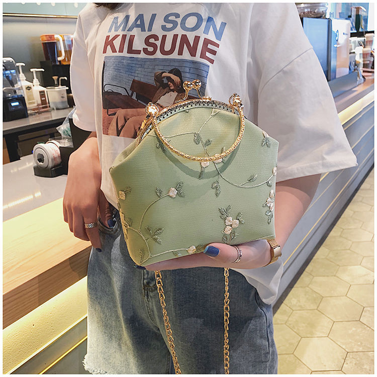 花柄ファッション 刺繍フラワー金具付きがま口チェーンバッグ