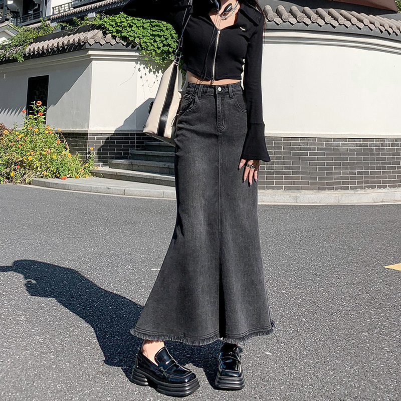 デニムスカート 非表示(切りっぱなしデザイン)ロング丈マーメイドデニムスカート