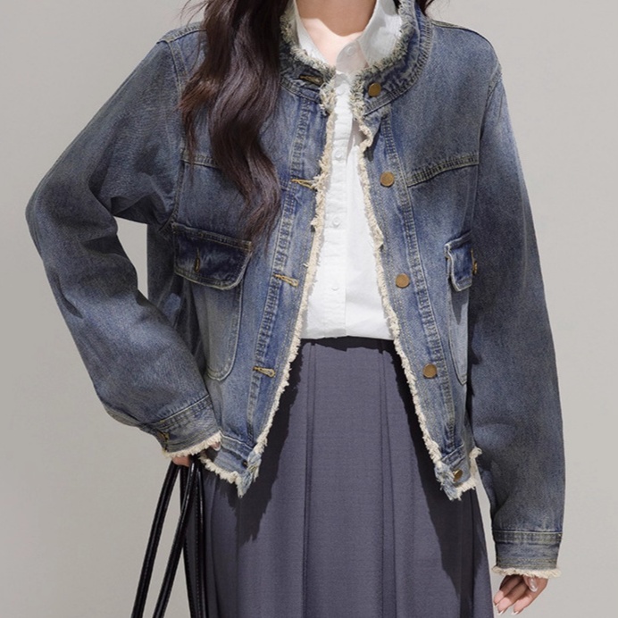 デニムジャケット 非表示(切りっぱなしデザイン)ヴィンテージ風フリンジデニムジャケット