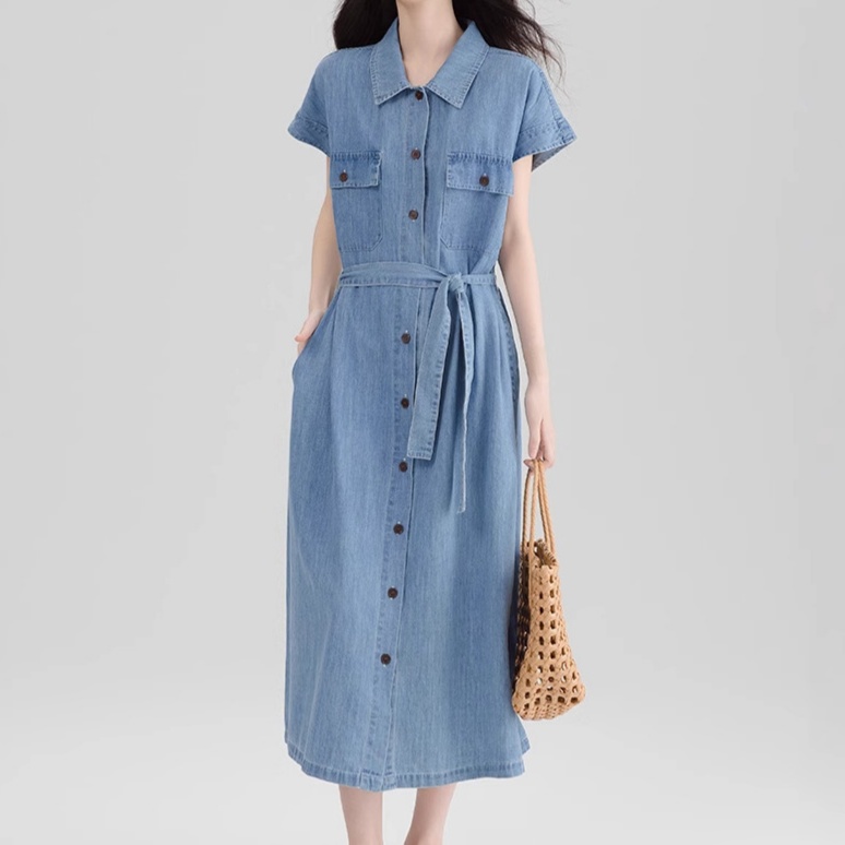 デニムファッション こだわり胸ポケット付きシャツデニムワンピース