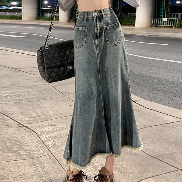 デニムスカート 非表示(切りっぱなしデザイン)ワイドフレアデニムロングスカート