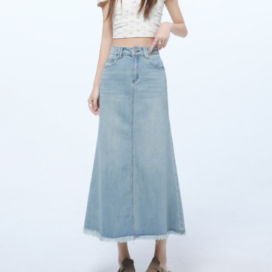 デニムスカート 非表示(切りっぱなしデザイン)マキシ丈フリンジデニムスカート