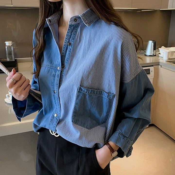 デニムファッション 異素材切替パッチワークデニムシャツ