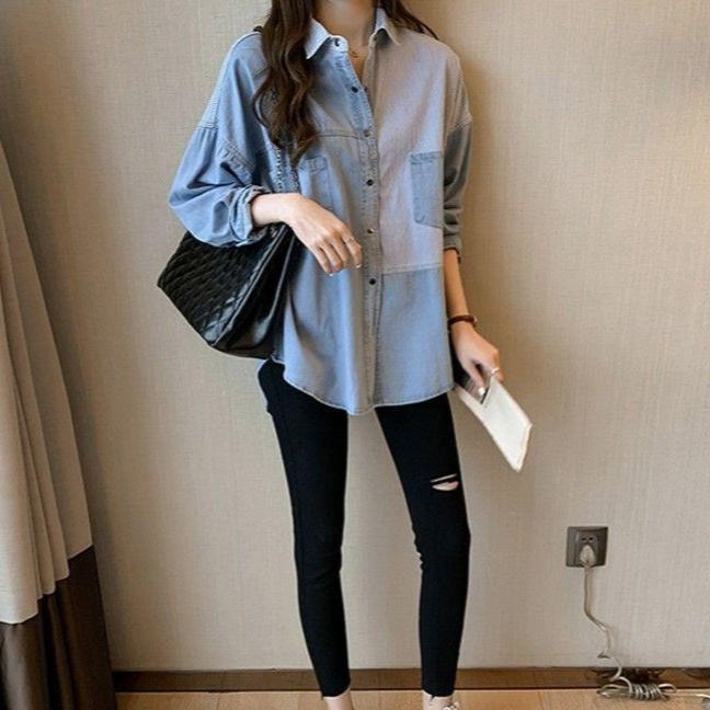 デニムファッション 異素材切替パッチワークデニムシャツ
