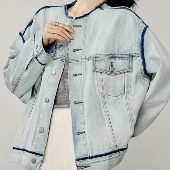 デニムファッション ノーカラー パイピング デニム ジャケット