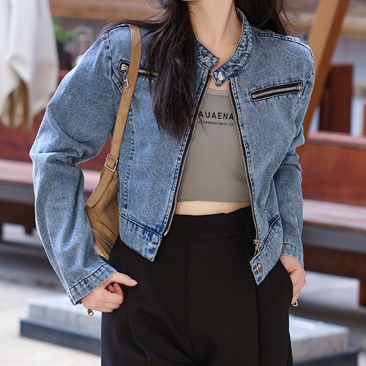 デニムファッション すっきりシルエット クロップドデニムジャケット