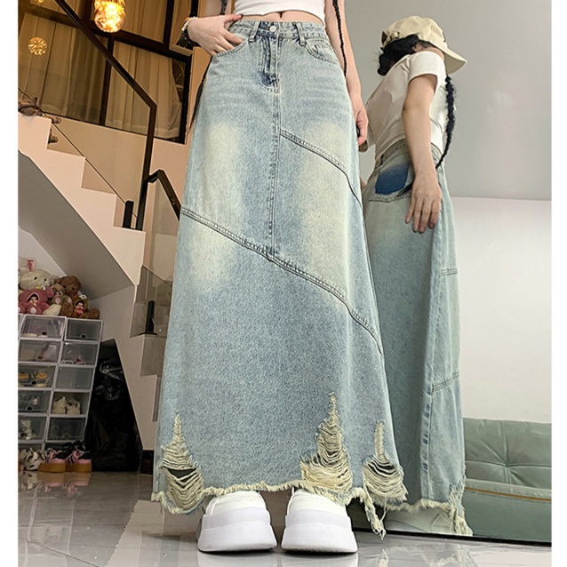 デニムファッション ヴィンテージ風ダメージ加工マキシスカート