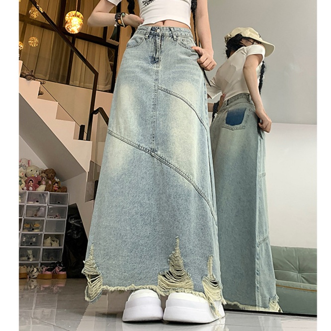 デニムファッション ヴィンテージ風ダメージ加工マキシスカート
