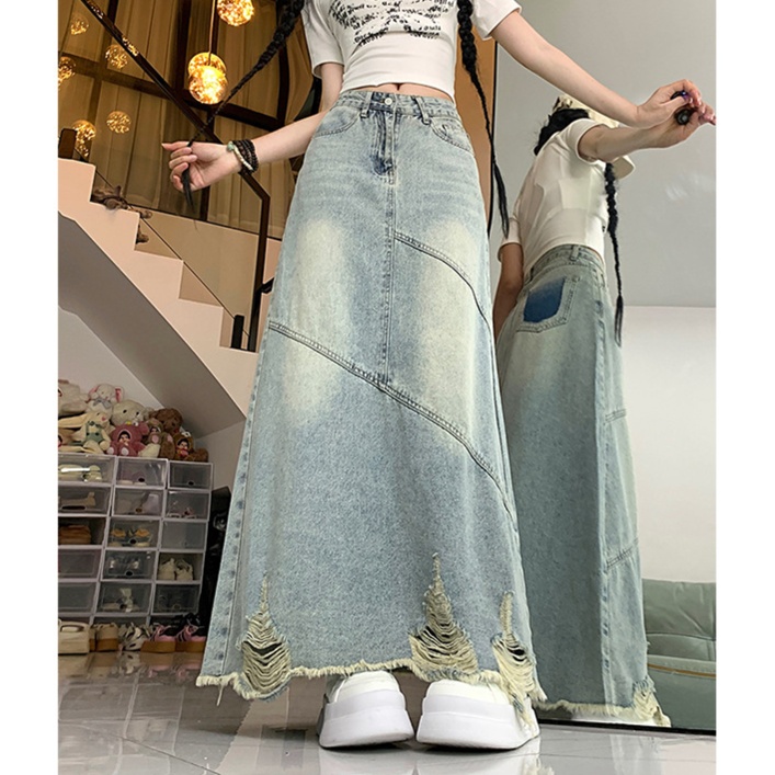 デニムファッション ヴィンテージ風ダメージ加工マキシスカート