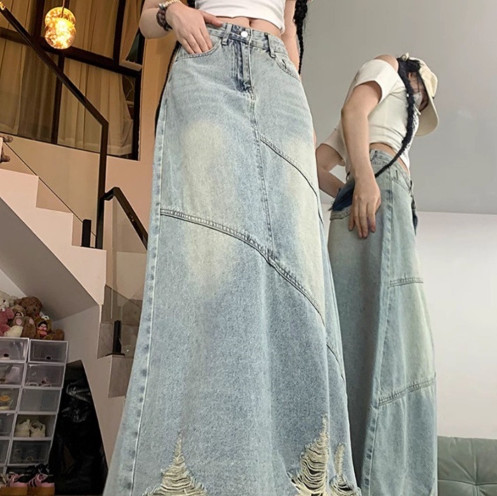 デニムファッション ヴィンテージ風ダメージ加工マキシスカート