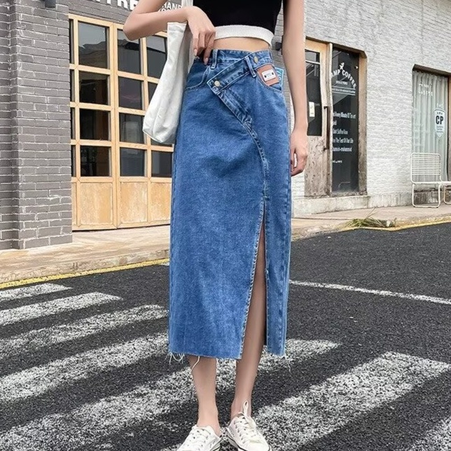 デニムファッション スリット入りロングデニムスカート