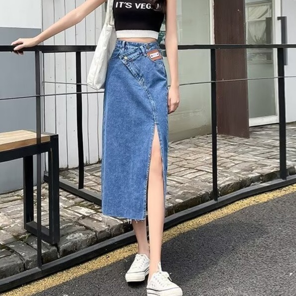 デニムファッション スリット入りロングデニムスカート