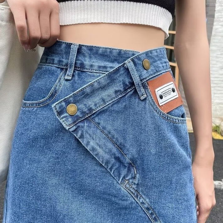デニムファッション スリット入りロングデニムスカート