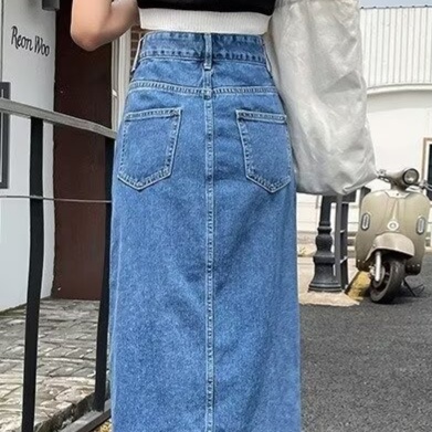 デニムファッション スリット入りロングデニムスカート