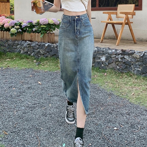 デニムファッション ヴィンテージ風スリット入りロングスカート