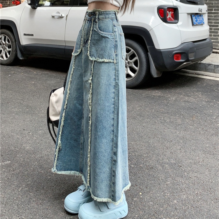 デニムファッション 裾フリンジ加工デニムロングスカート