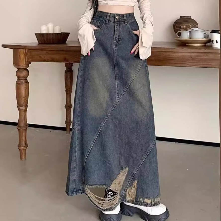 デニムファッション ダメージ加工デザイン切替マキシスカート