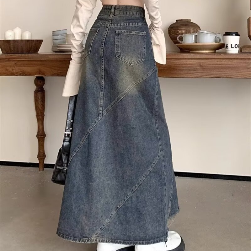 デニムファッション ダメージ加工デザイン切替マキシスカート