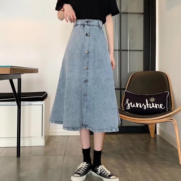 デニムファッション ボタンデザイン デニムフレアースカート