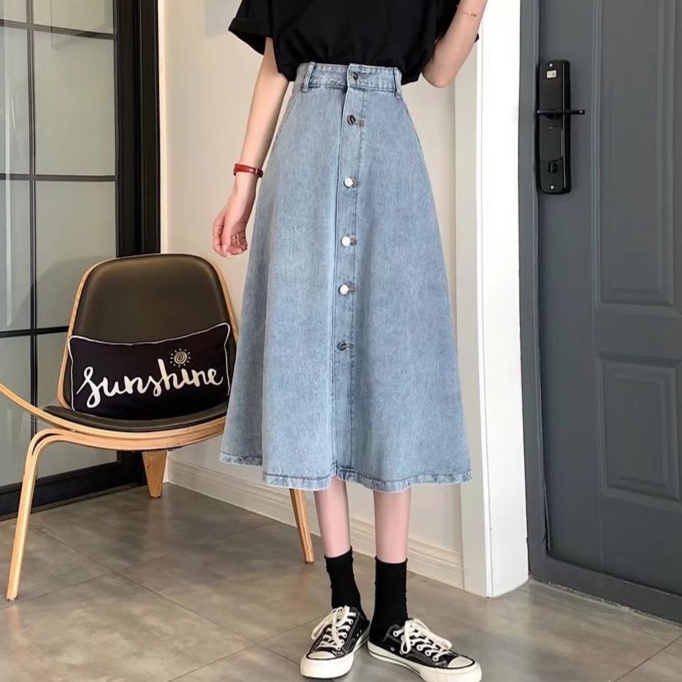 デニムファッション ボタンデザイン デニムフレアースカート