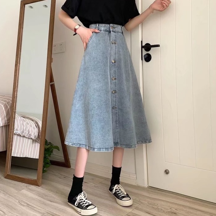 デニムファッション ボタンデザイン デニムフレアースカート