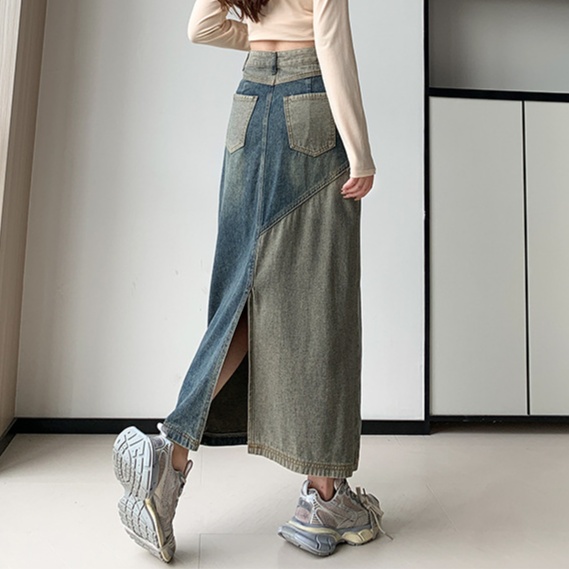 デニムファッション ツートーン切替マキシデニムスカート