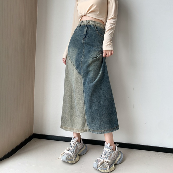 デニムファッション ツートーン切替マキシデニムスカート