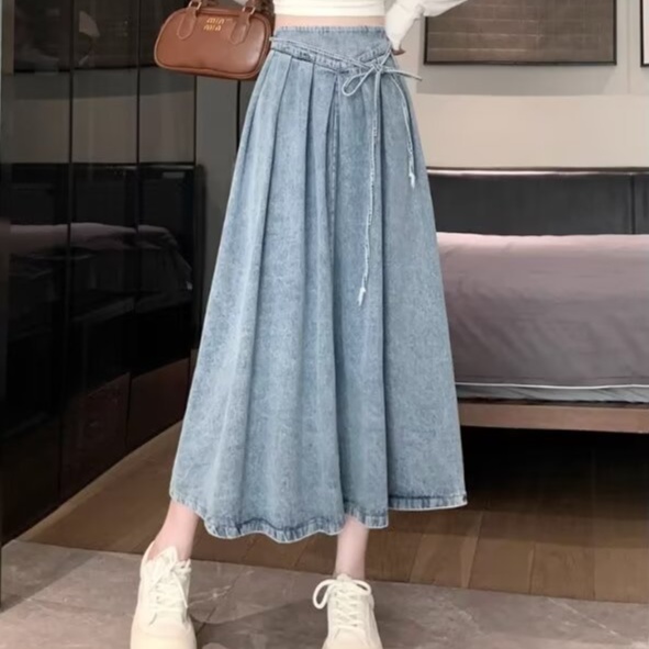 デニムファッション ふんわりロング丈プリーツデニムスカート