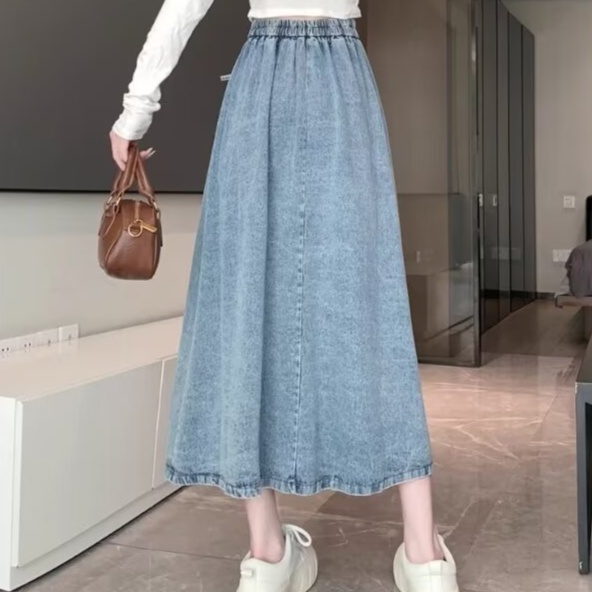 デニムファッション ふんわりロング丈プリーツデニムスカート
