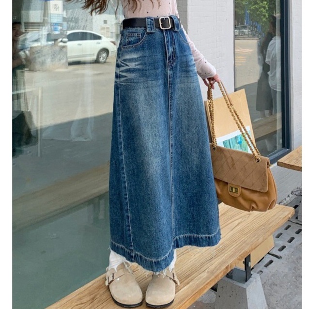 デニムファッション ロングデニムフレアースカート 裾フリンジ