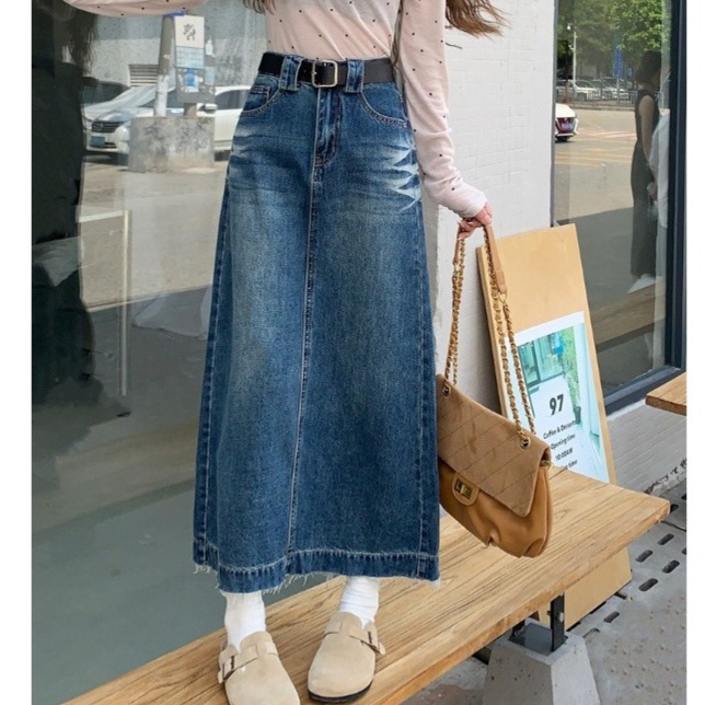 デニムファッション ロングデニムフレアースカート 裾フリンジ