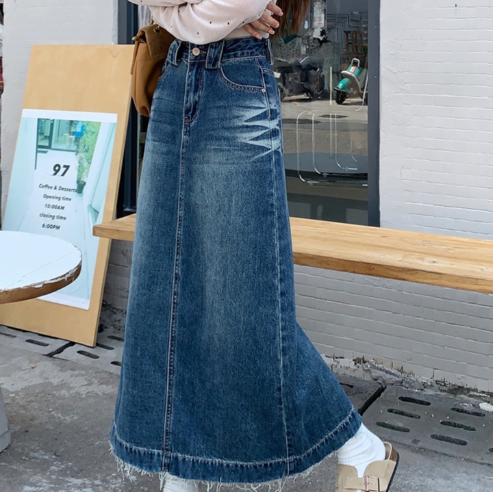 デニムファッション ロングデニムフレアースカート 裾フリンジ