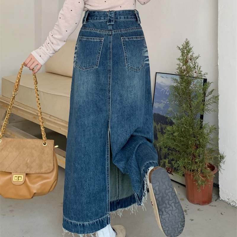 デニムファッション ロングデニムフレアースカート 裾フリンジ