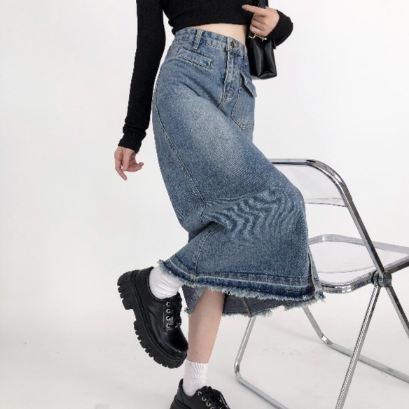 デニムファッション ダメージ加工フリンジ裾デニムスカート