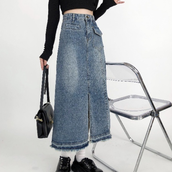 デニムファッション ダメージ加工フリンジ裾デニムスカート