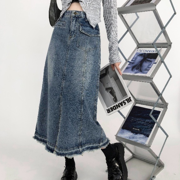 デニムファッション ダメージ加工フリンジ裾デニムスカート