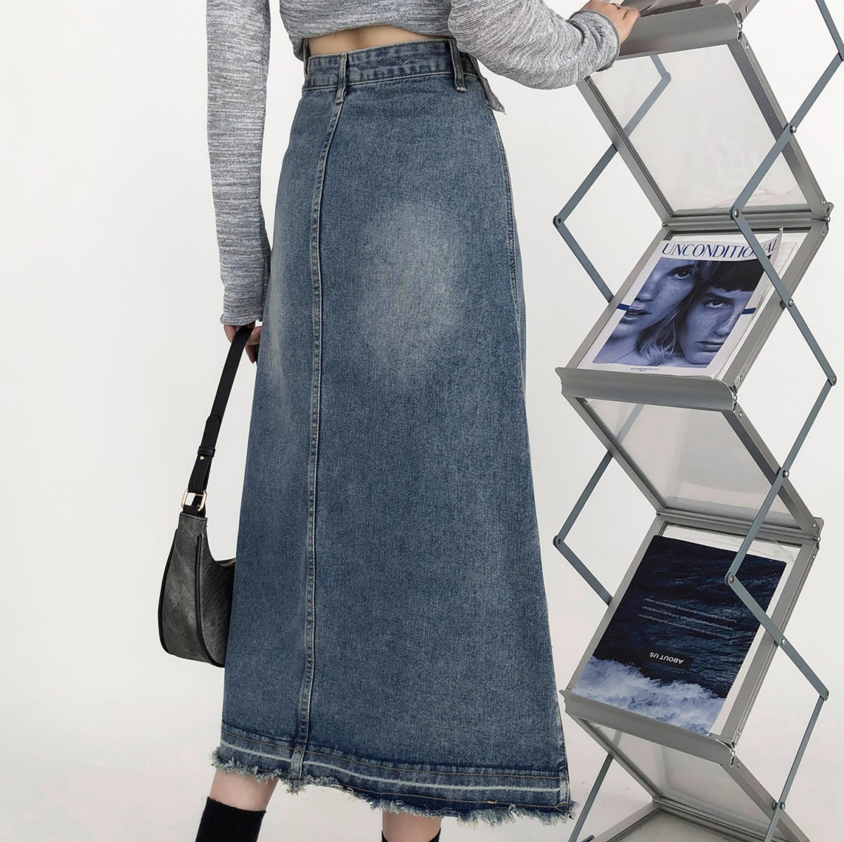 デニムファッション ダメージ加工フリンジ裾デニムスカート