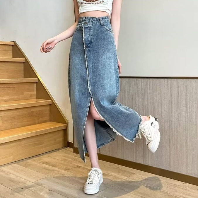 デニムファッション フリンジ斜め切替しデニムロングスカート