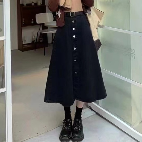 デニムファッション 前開きデニムフレアースカート