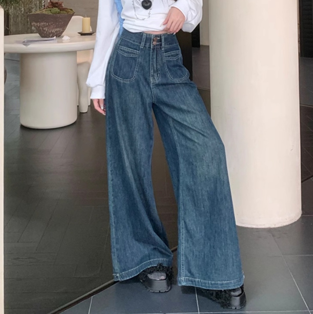 デニムファッション ゆったりワイドデニムパンツ