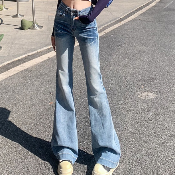 デニムファッション ハイウエストフレアデニムパンツ