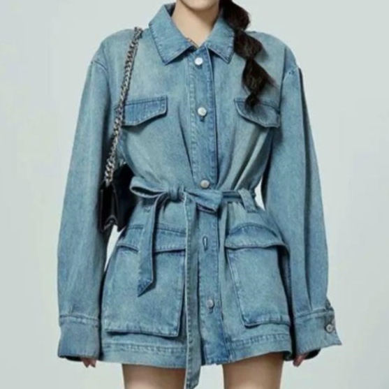 デニムジャケット ベルト付きゆったりシルエットデニムジャケット