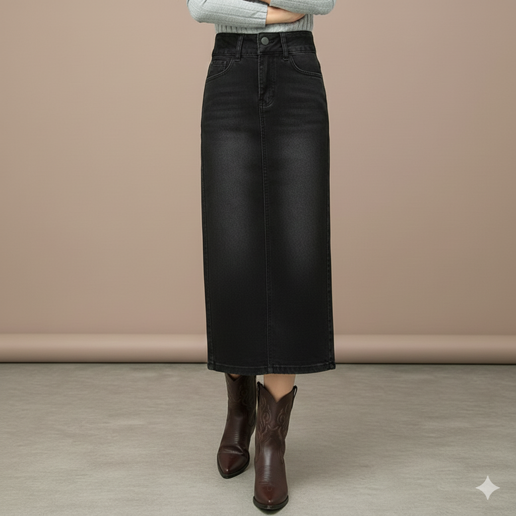 デニムスカート すっきりシルエット ミモレ丈デニムスカート